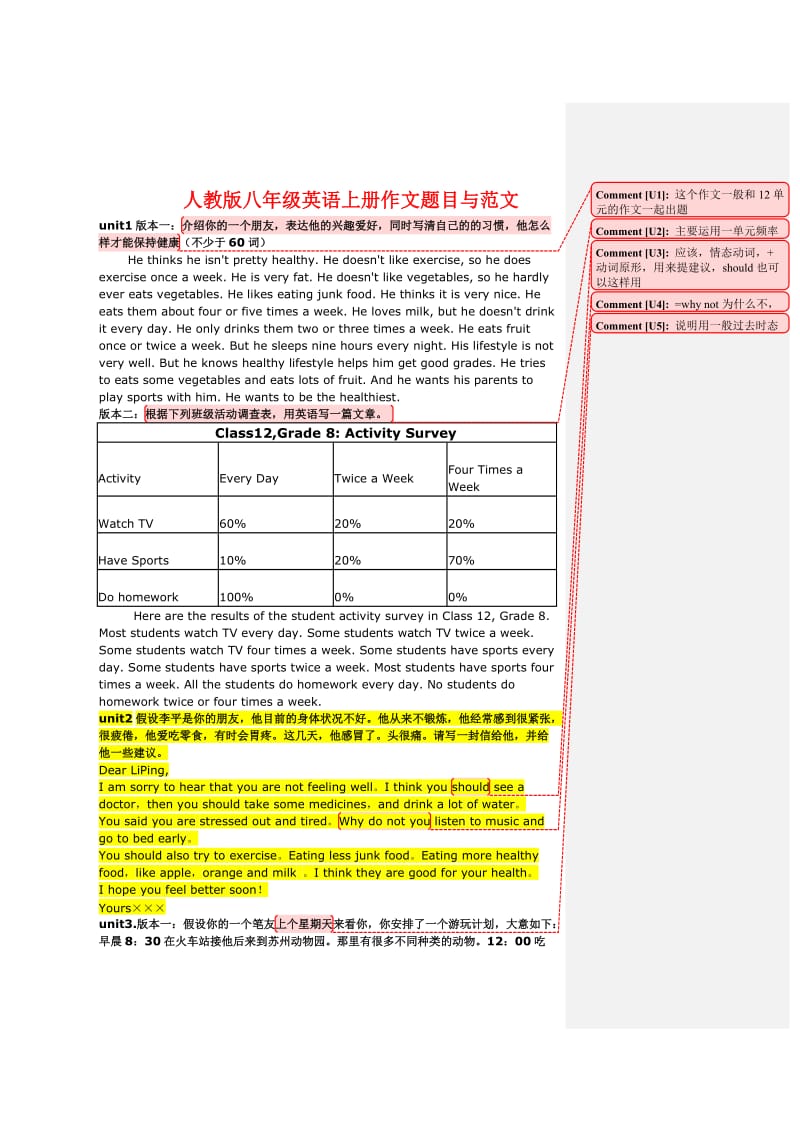 人教版八年级英语上册作文题目与范文.doc_第1页