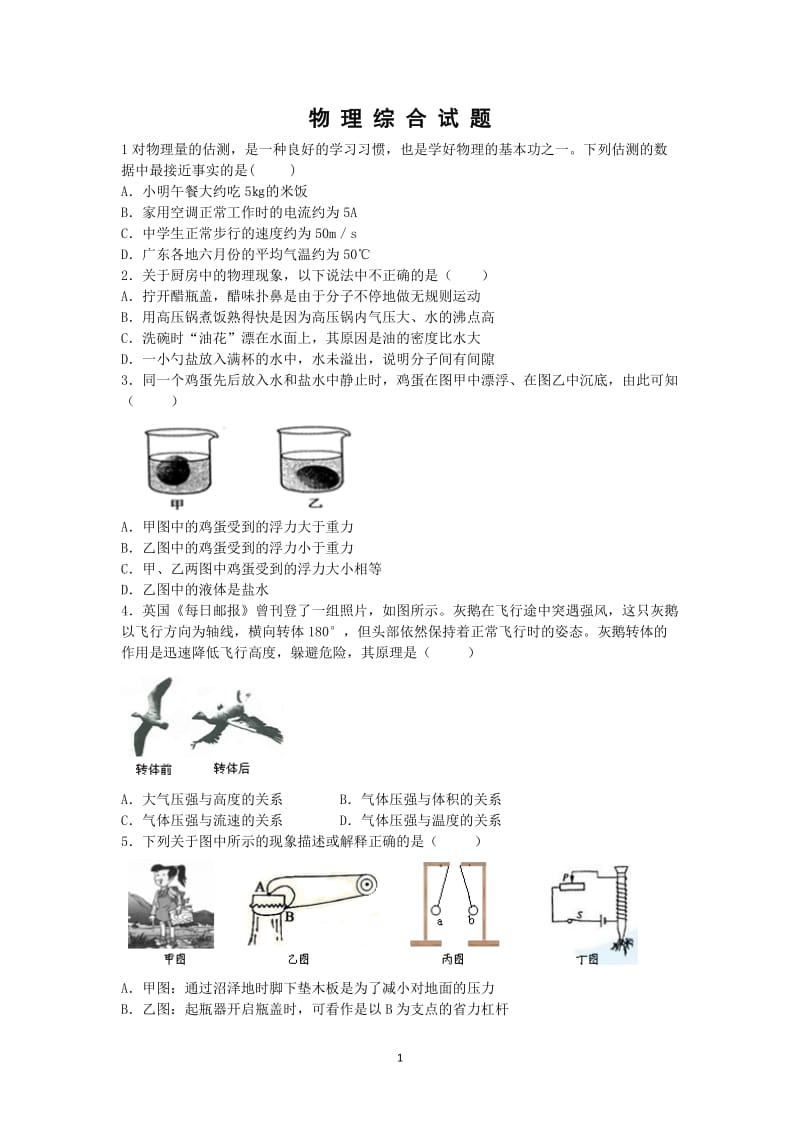 初中物理中考综合试题.doc_第1页