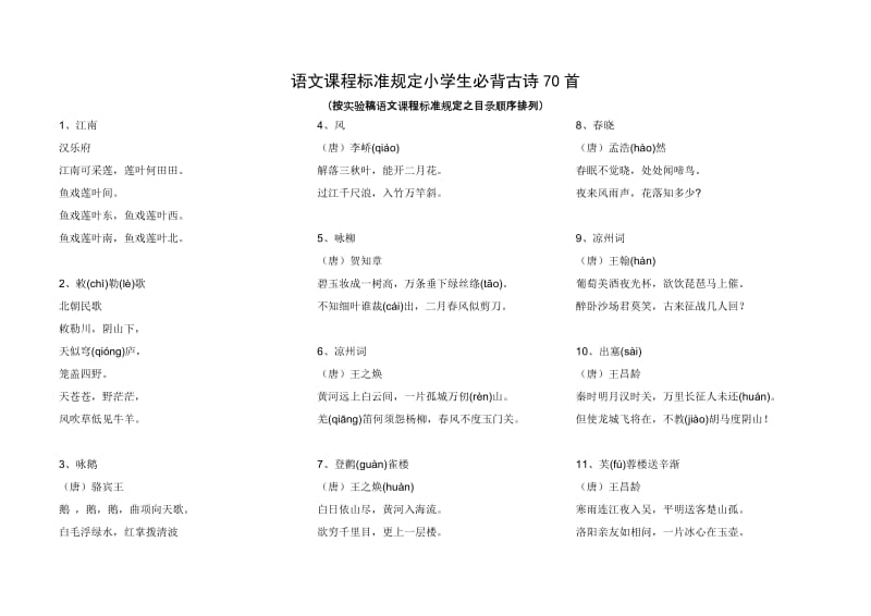 语文课程标准规定小学生必背古诗70首.doc_第1页