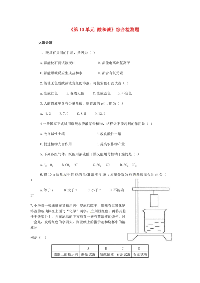 九年级化学下册《第10单元酸和碱》综合检测题新人教版.doc_第1页