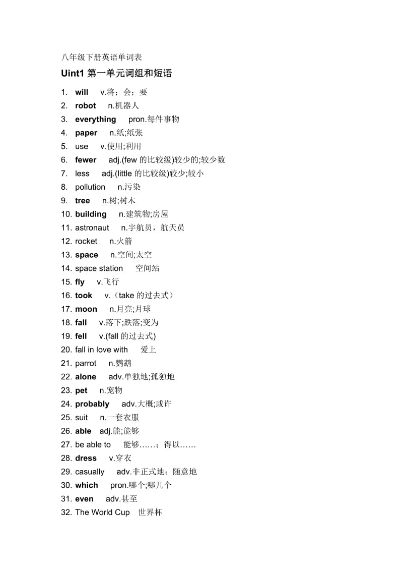 八年级下册1-6单元英语单词表.doc_第1页