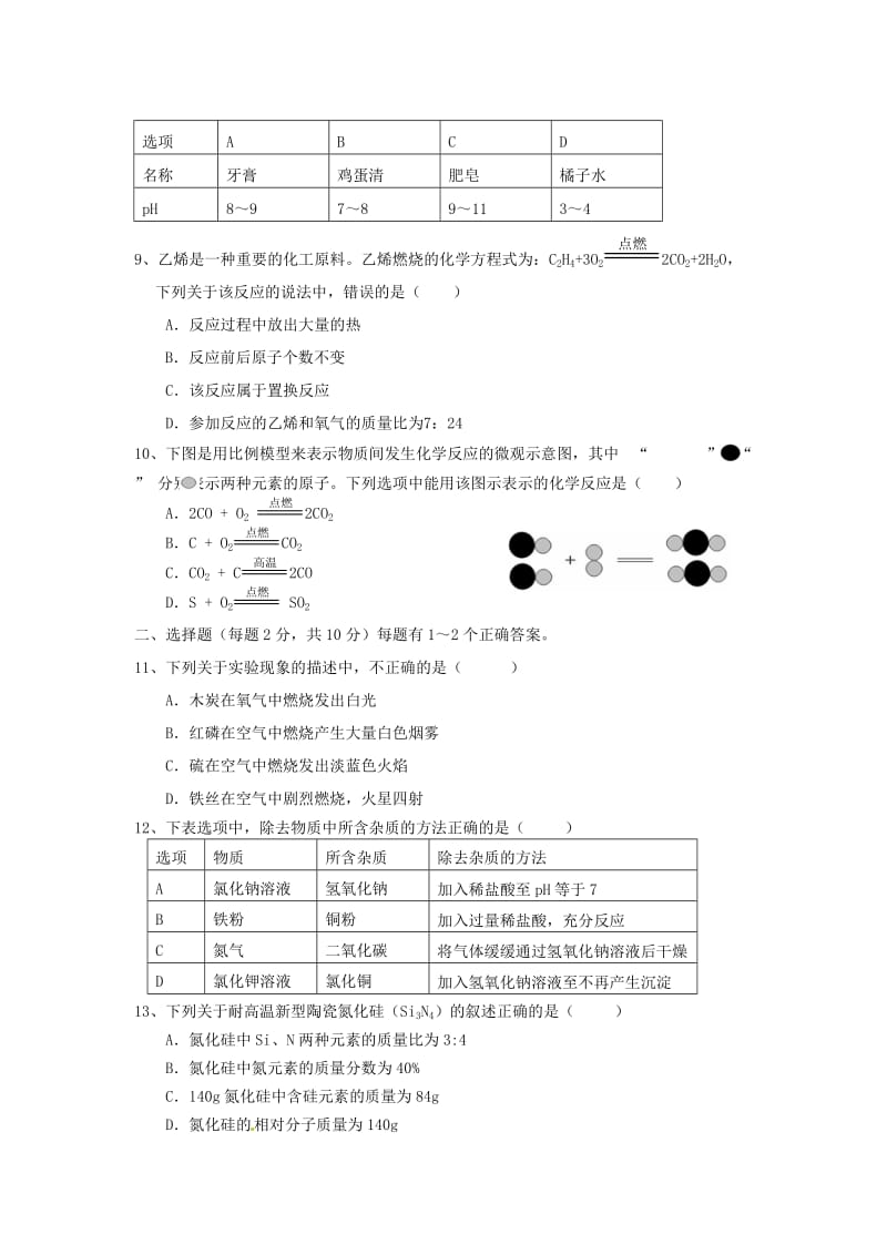 天津市2012届九年级化学下学期结课考试试题(无答案).doc_第2页