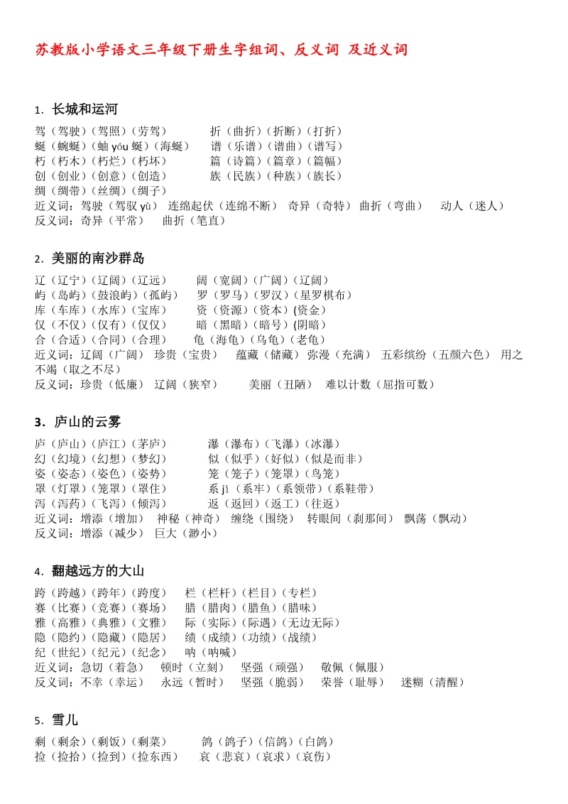 苏教版小学语文三年级下册生字组词、反义词及近义词.docx_第1页