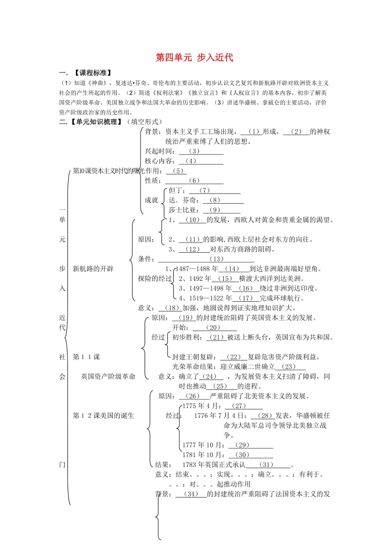 九年级历史上册单元知识梳理框架(四个单元)北师大版.doc_第1页