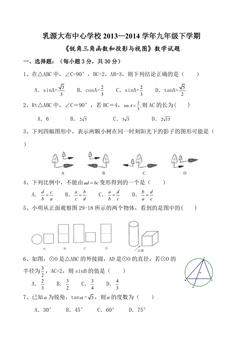 大布中心学校九年级下学期《锐角三角函数和投影与视图》数学试题.doc_第1页