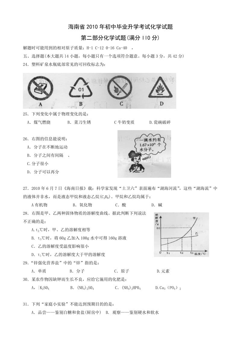 海南省2010年中考化学试题及答案.doc_第1页