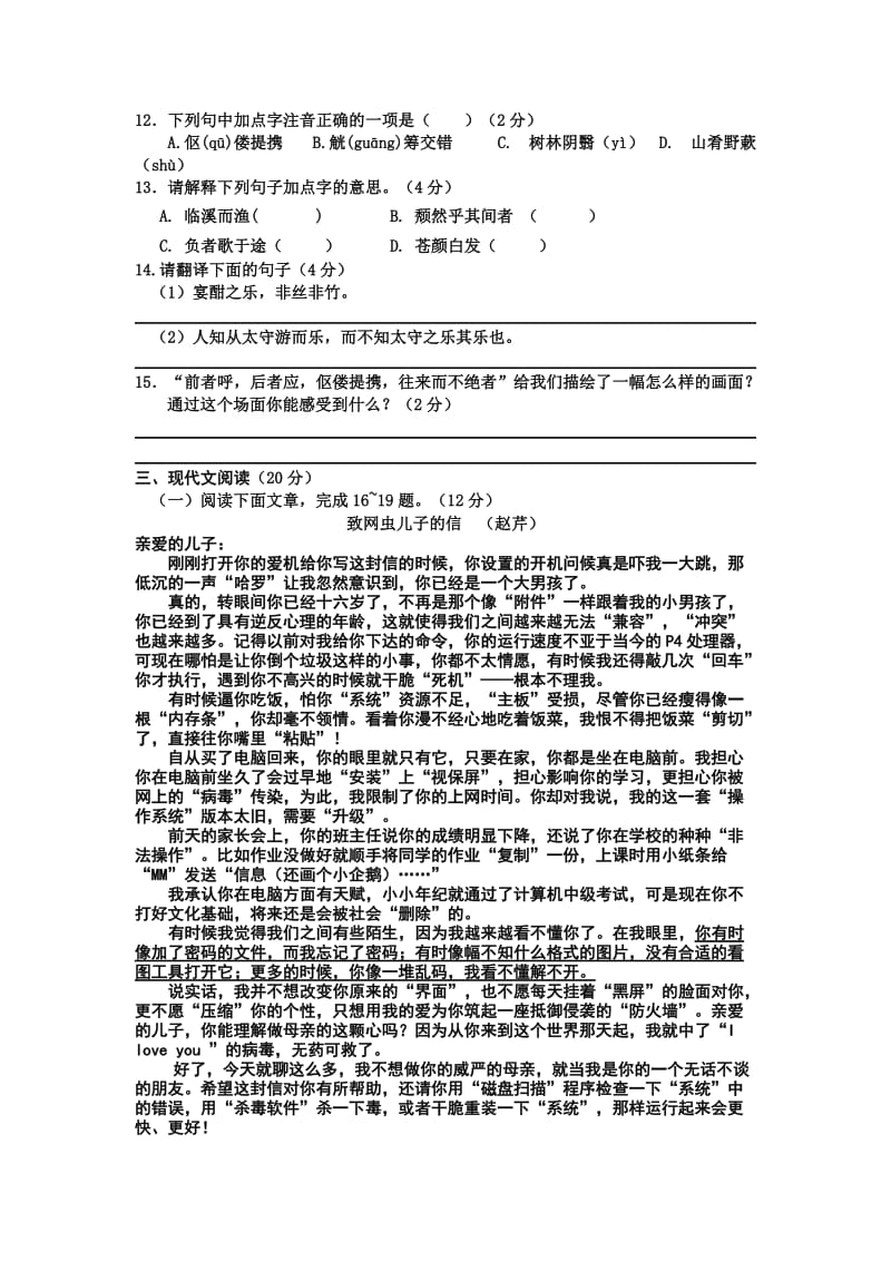 海口市定安县2012-2013学年度第二学期期末考试八年级语文试卷.doc_第3页