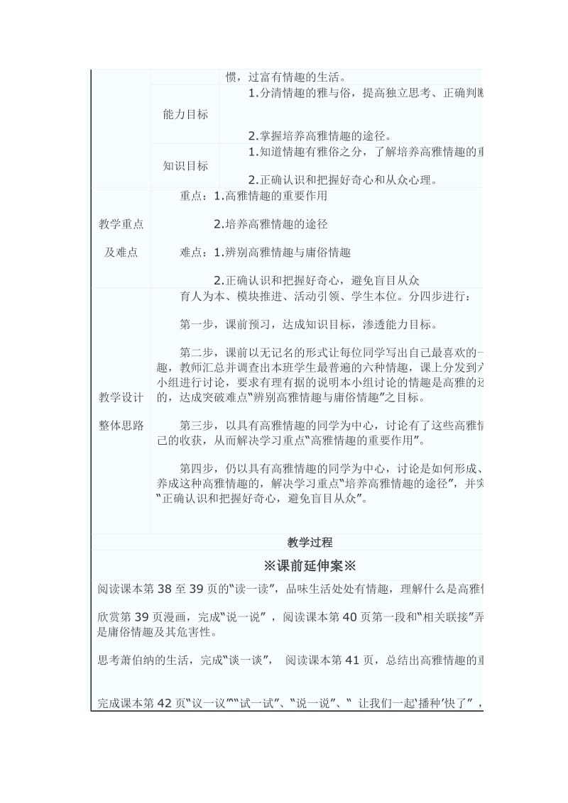 创新课堂大赛优秀教学设计之一《追求高雅情趣品位美好生活》.doc_第2页