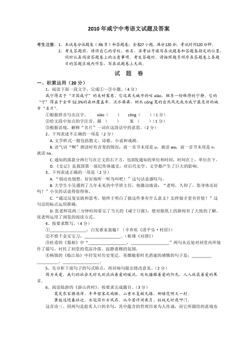 湖北省咸宁市2010年中考语文试题及答案.doc_第1页