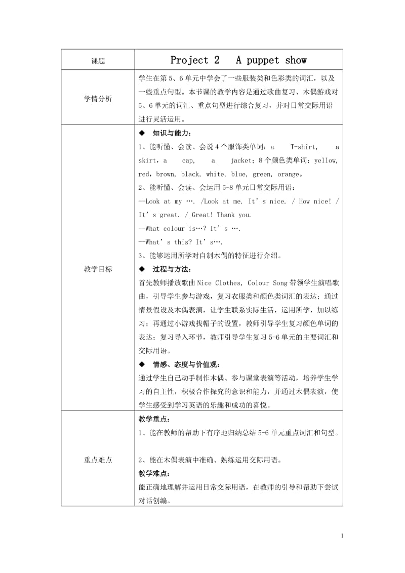 译林英语3AProject2Apuppetshow教案.doc_第1页