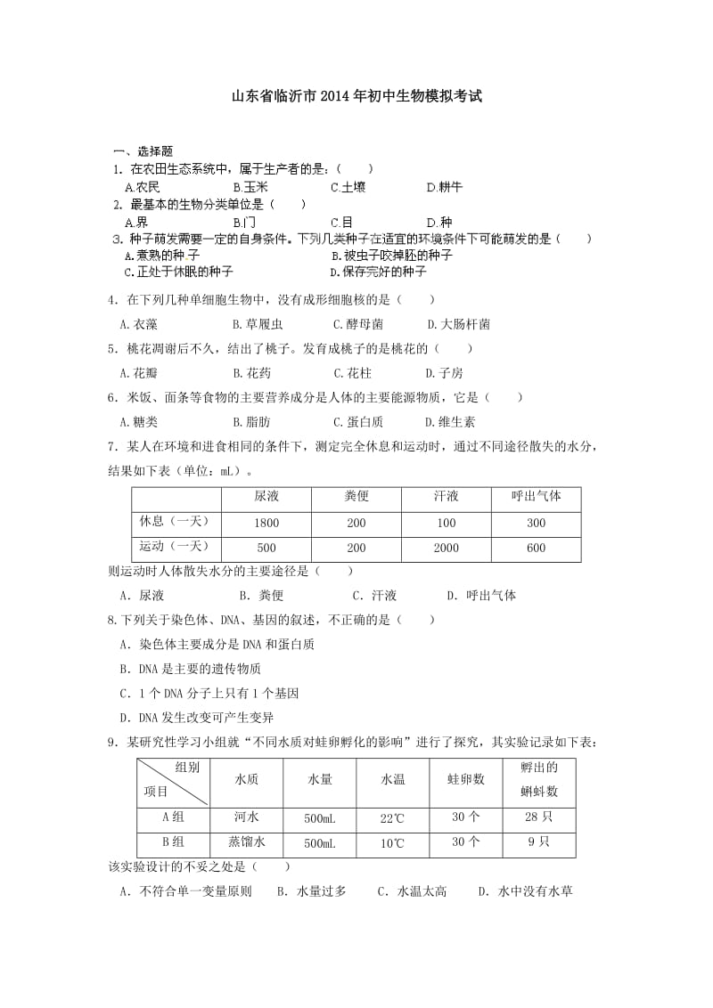 山东省临沂市2014年初中生物模拟考试.doc_第1页