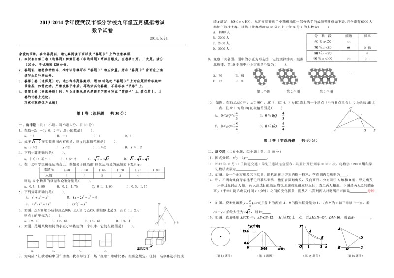 武汉市部分学校九年级五月数学模拟考试及答案.doc_第1页