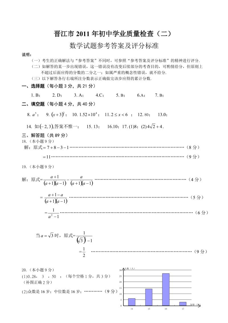 晋江市2011年初中学业质量检查数学试题参考答案及评分标准.doc_第1页