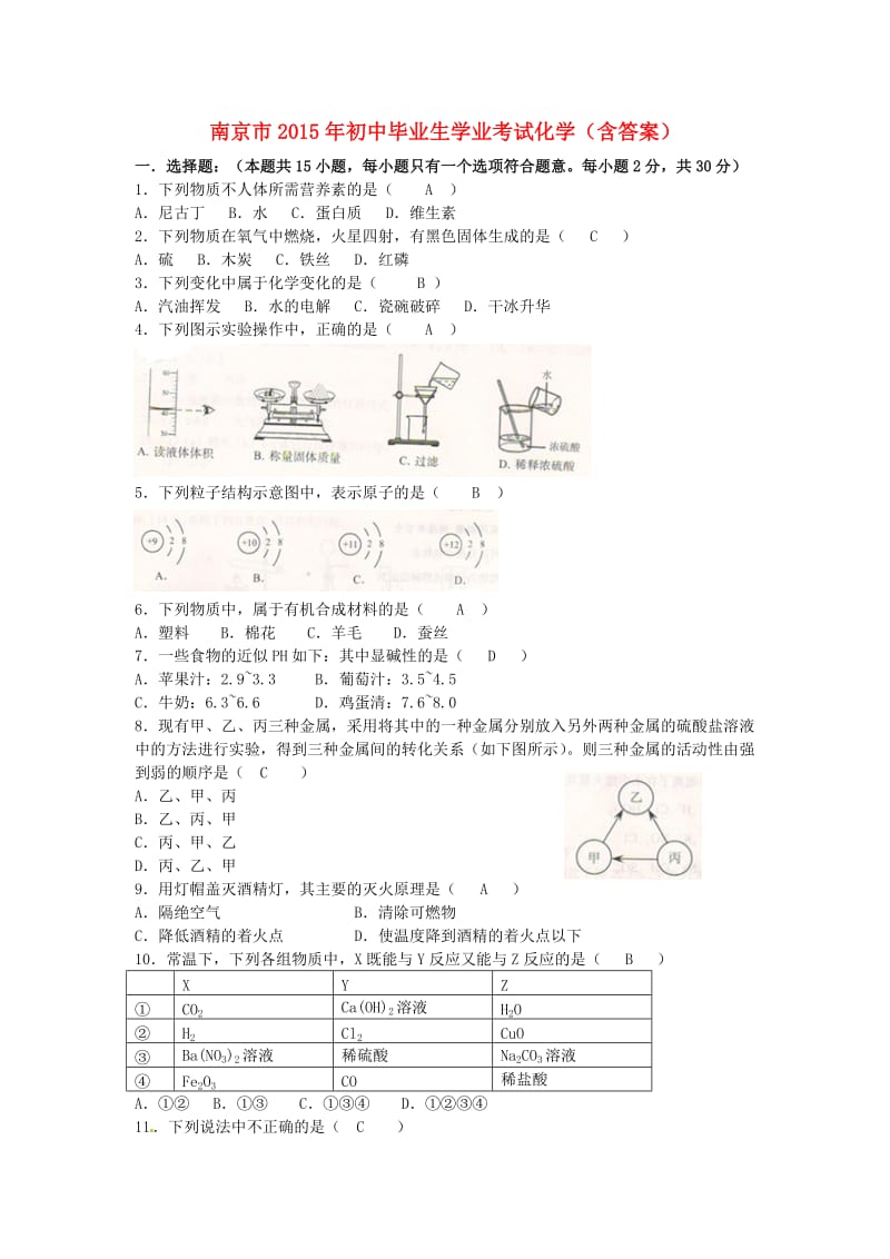 江苏省南京市2015年中考化学真题试题(含答案).doc_第1页