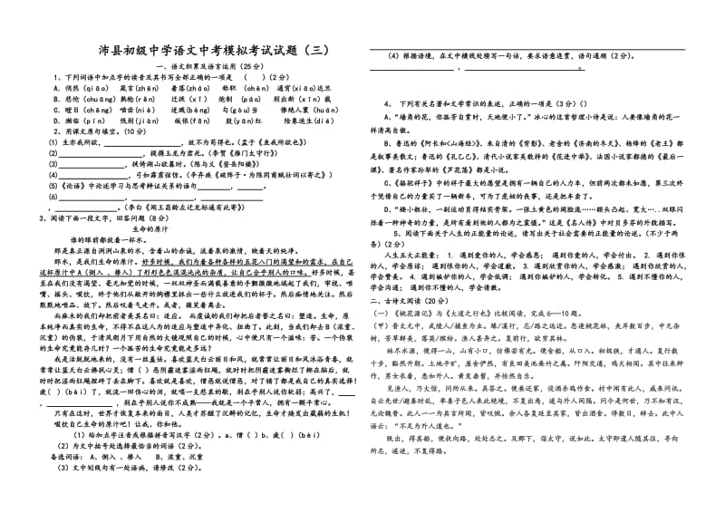 沛县初级中学语文中考模拟考试试题.doc_第1页