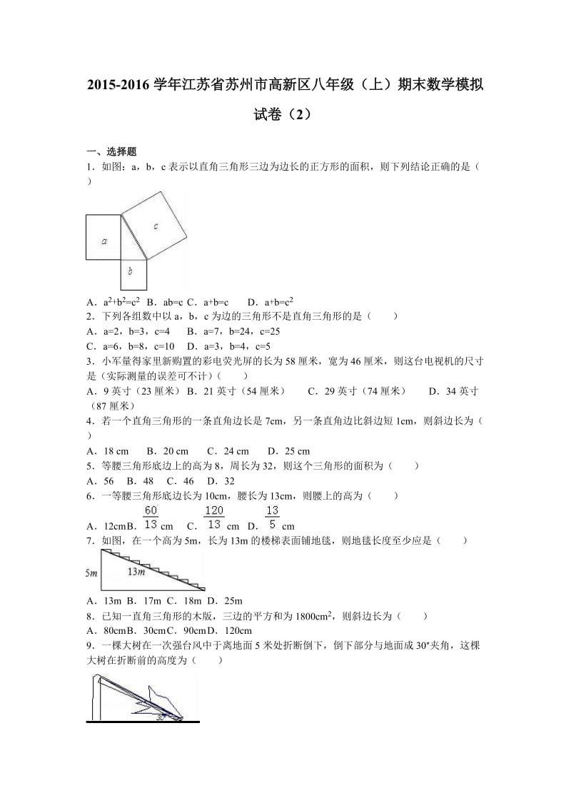 苏州高新区2015-2016年八年级上期末数学模拟试卷含解析.doc_第1页