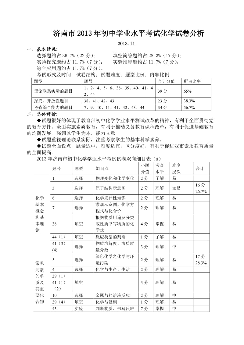 济南市2013年初中学业水平考试化学试卷分析(word.doc_第1页