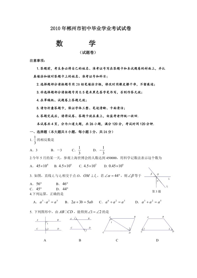 湖南省郴州市2010年中考数学试题及答案(word版).doc_第1页