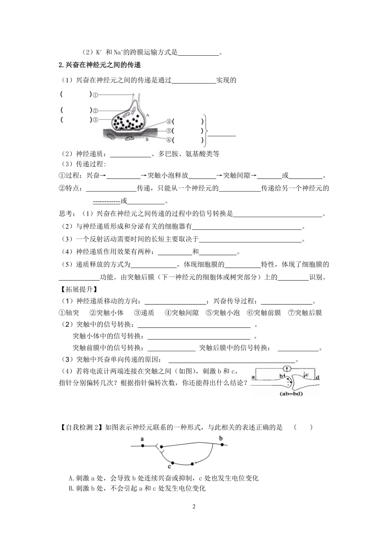 动物和人体生命活动的调节复习学案.doc_第2页