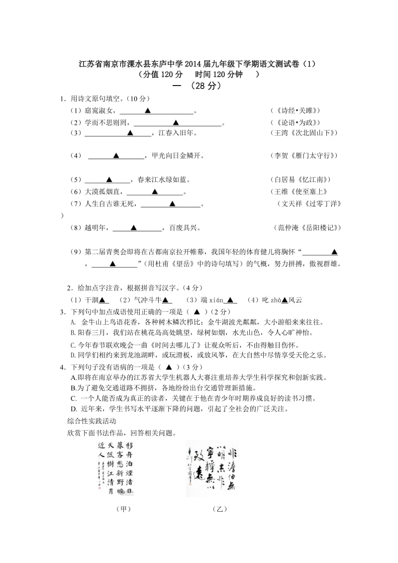 江苏省南京市溧水县东庐中学2014届九年级下学期语文测试卷.doc_第1页