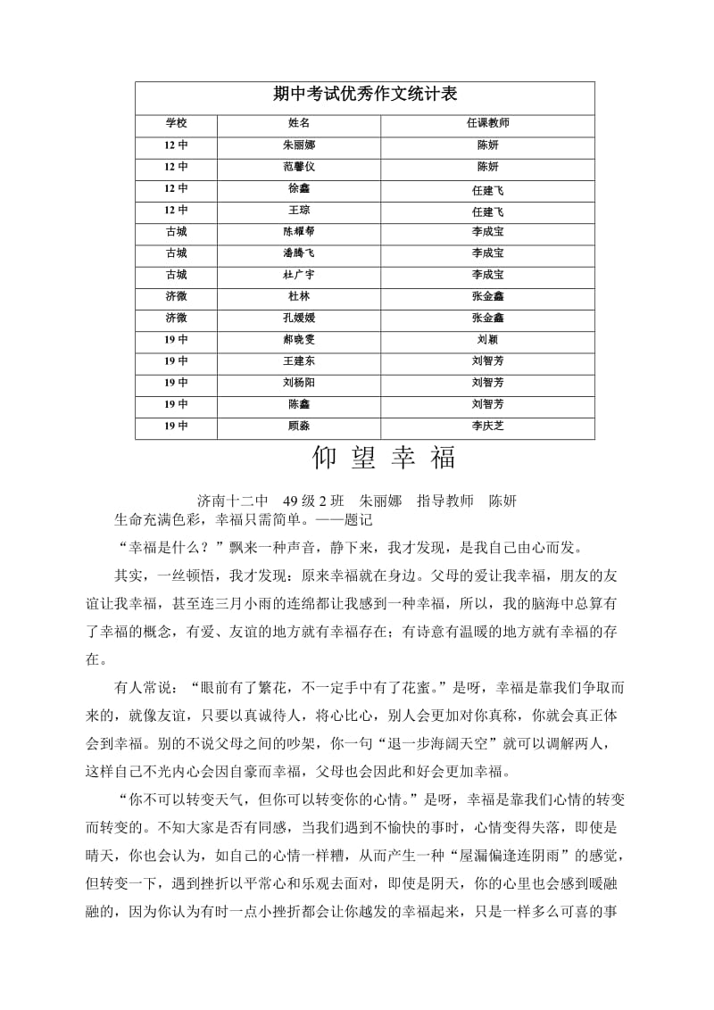 期中考试优秀作文统计表.doc_第1页