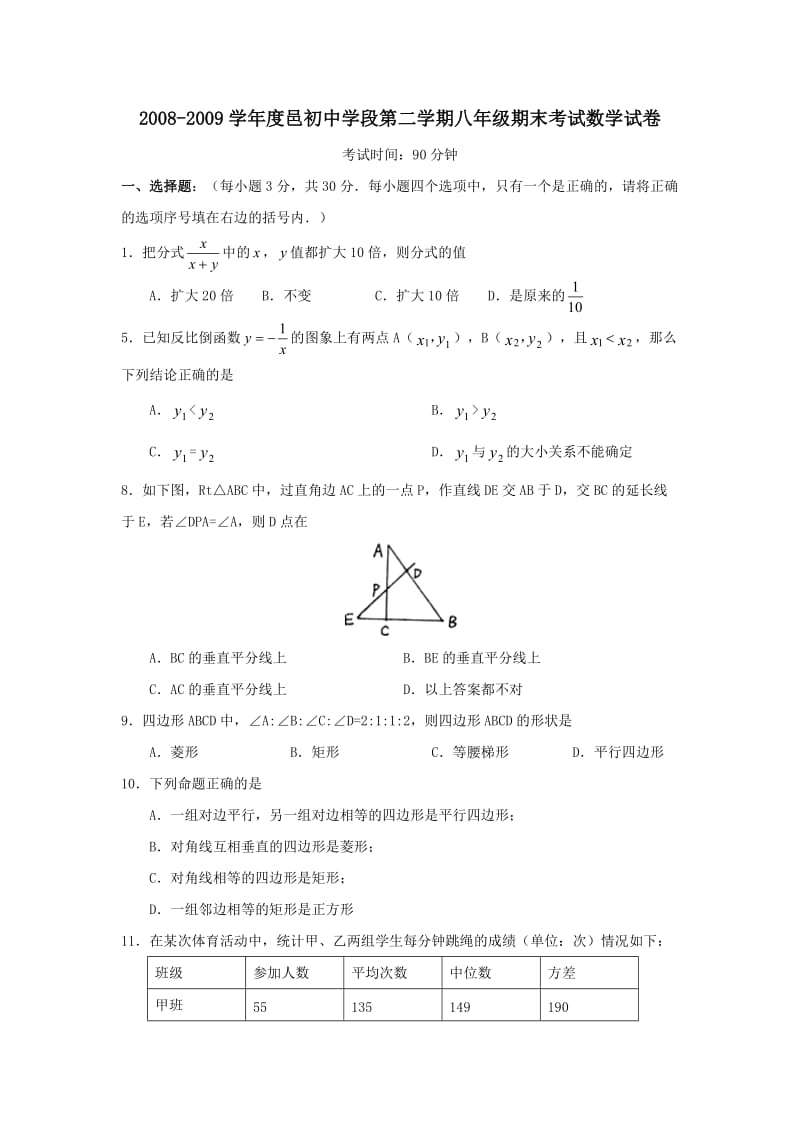 山东潍坊昌邑初中学段08-09学年八年级下期末考试试卷.doc_第1页