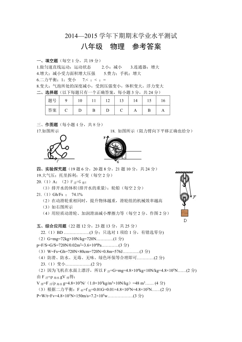 河南省郑州市2014-2015下期期末考试八年级物理参考答案.doc_第1页