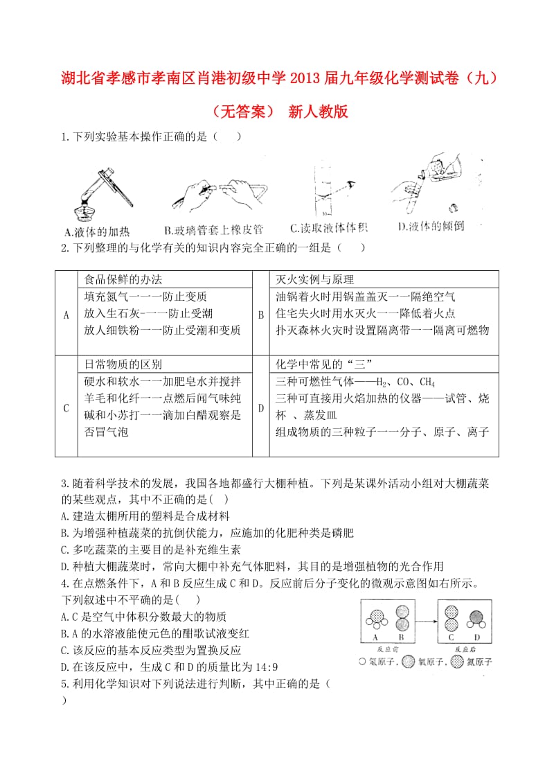 湖北省孝感市孝南区肖港初级中学2013届九年级化学测试卷(九).doc_第1页