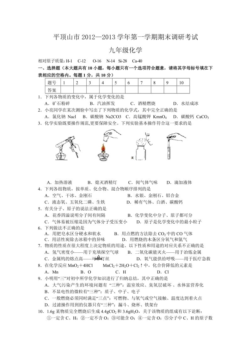 河南省平顶山市2012-2013学年九年级上学期期末考试化学试题.doc_第1页