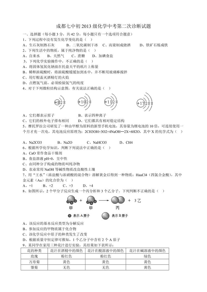 成都七中初2013级中考化学第二次诊断试题.doc_第1页