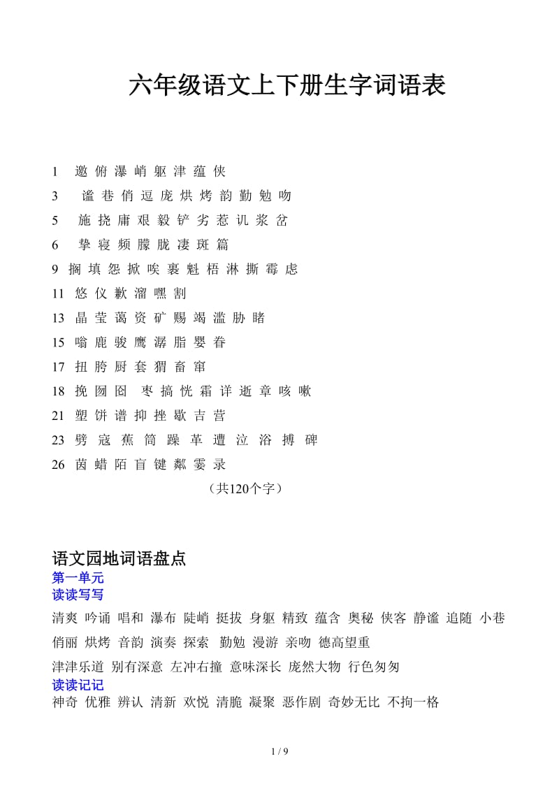 六年级语文上下册生字词语表.docx_第1页