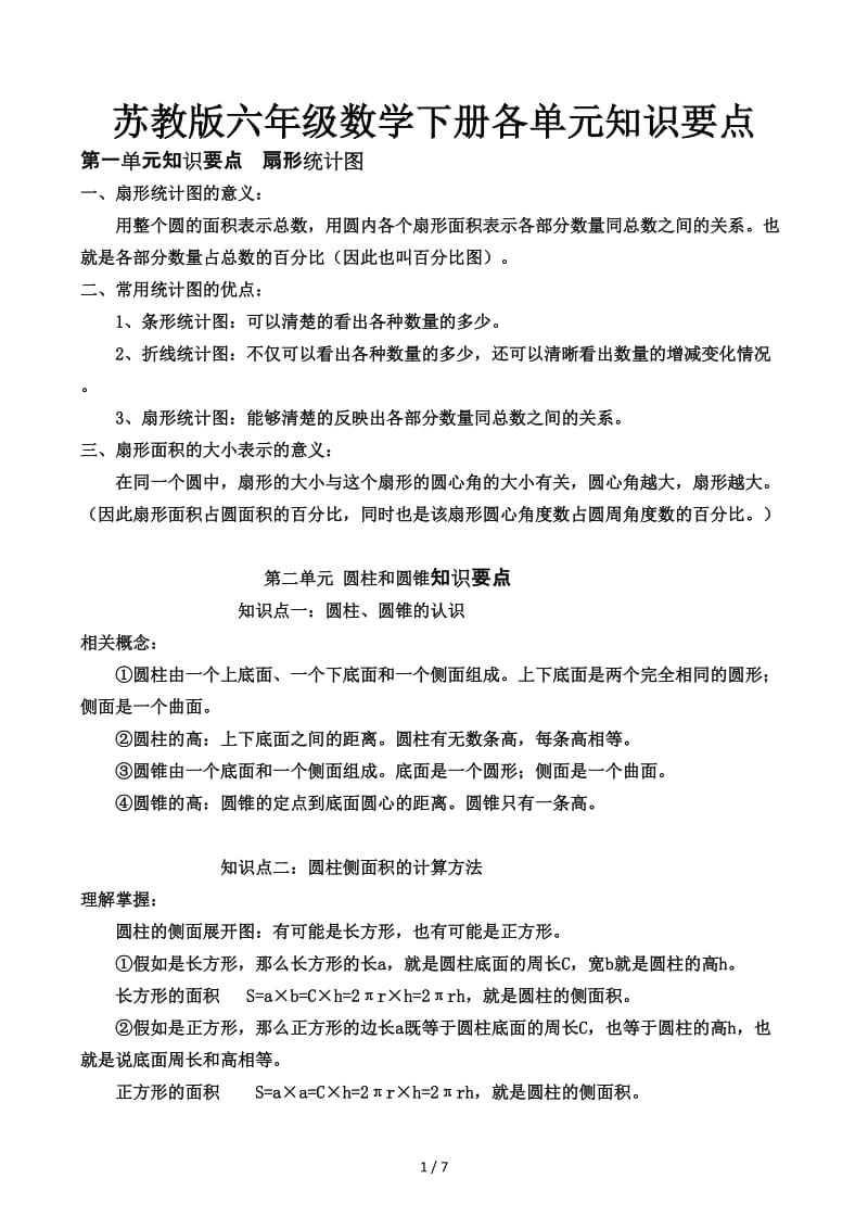 苏教版六年级数学下册各单元知识要点.docx_第1页