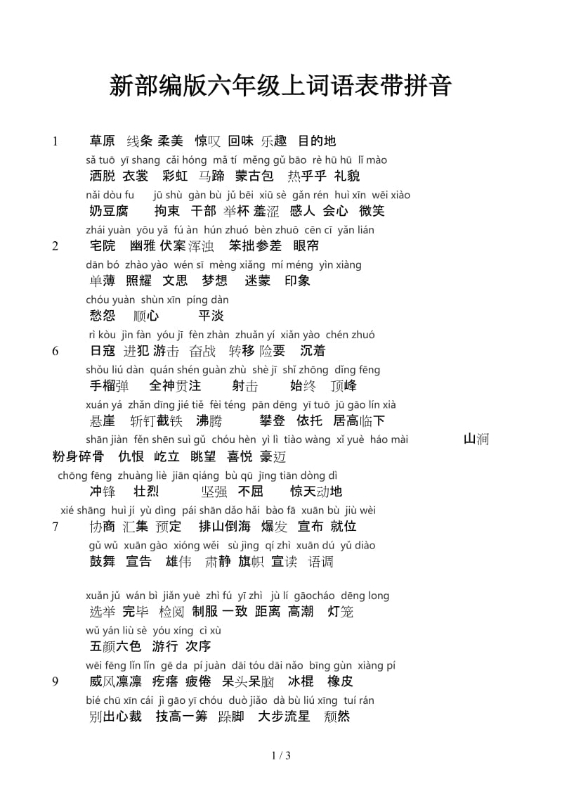 新部编版六年级上词语表带拼音.docx_第1页