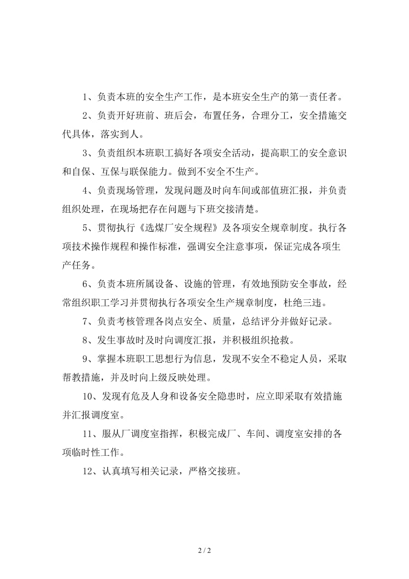 主洗车间机电维修班长安全生产责任制精选.doc_第2页