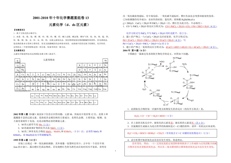 【化学竞赛试题】2001-2010年十年化学赛题重组卷答案13 元素化学（d、ds区元素）_第1页