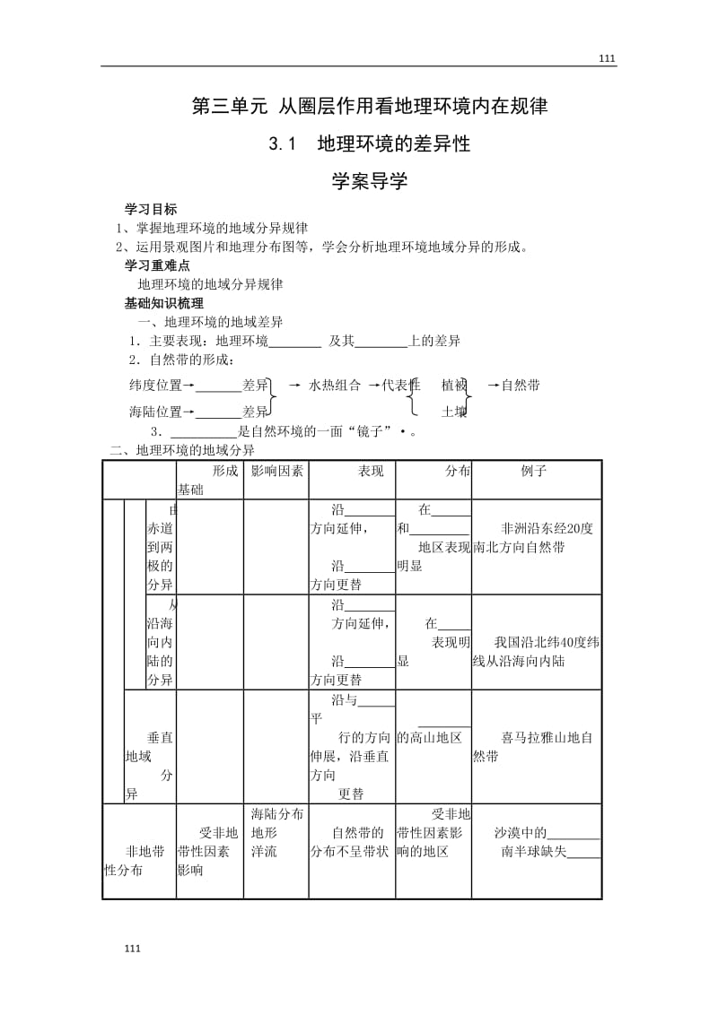 高三地理复习 ：3.1《高三地理复习 环境的差异性》案（鲁教版）必修1_第1页