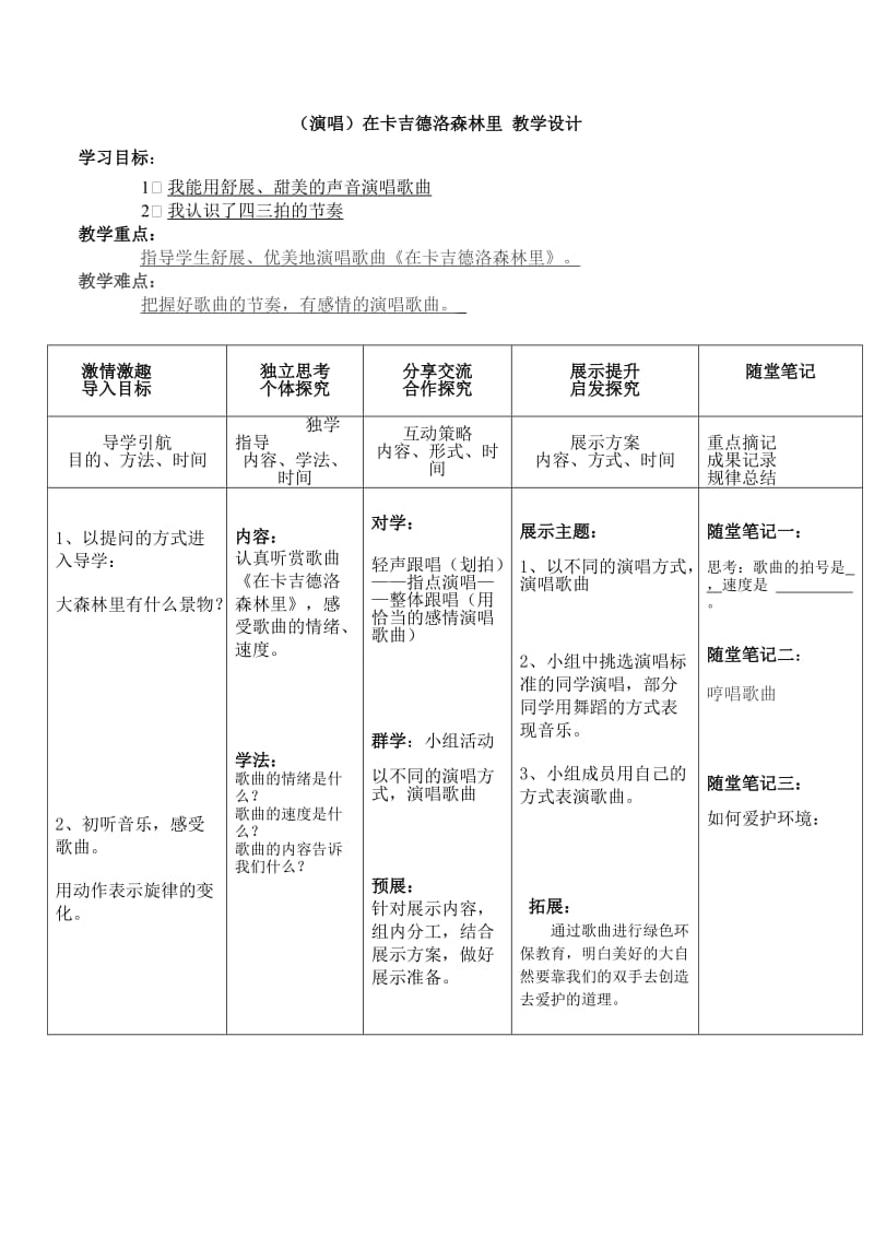 小学音乐（演唱）在卡吉德洛森林里 教学设计 （表格式）教案_第1页