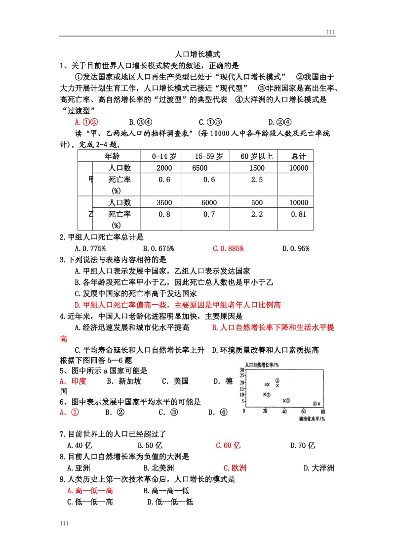 高中地理《人口增长模式》同步练习4（湘教版必修2）_第1页