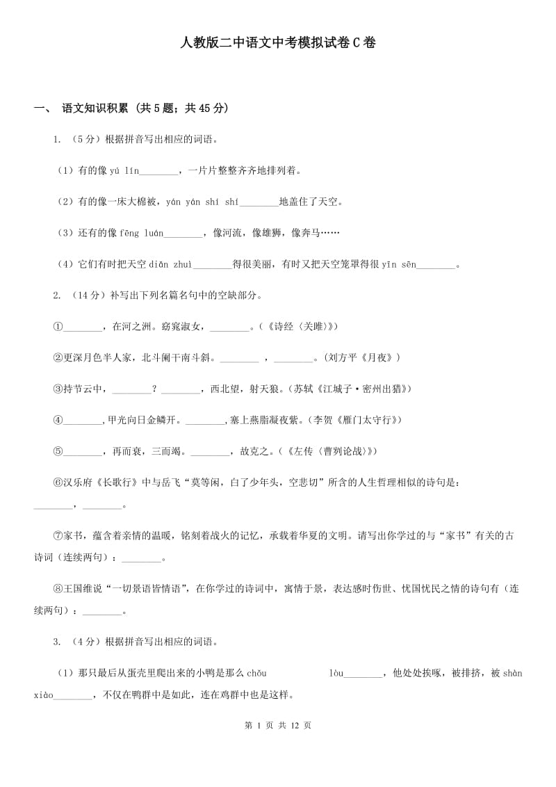 人教版二中语文中考模拟试卷C卷_第1页