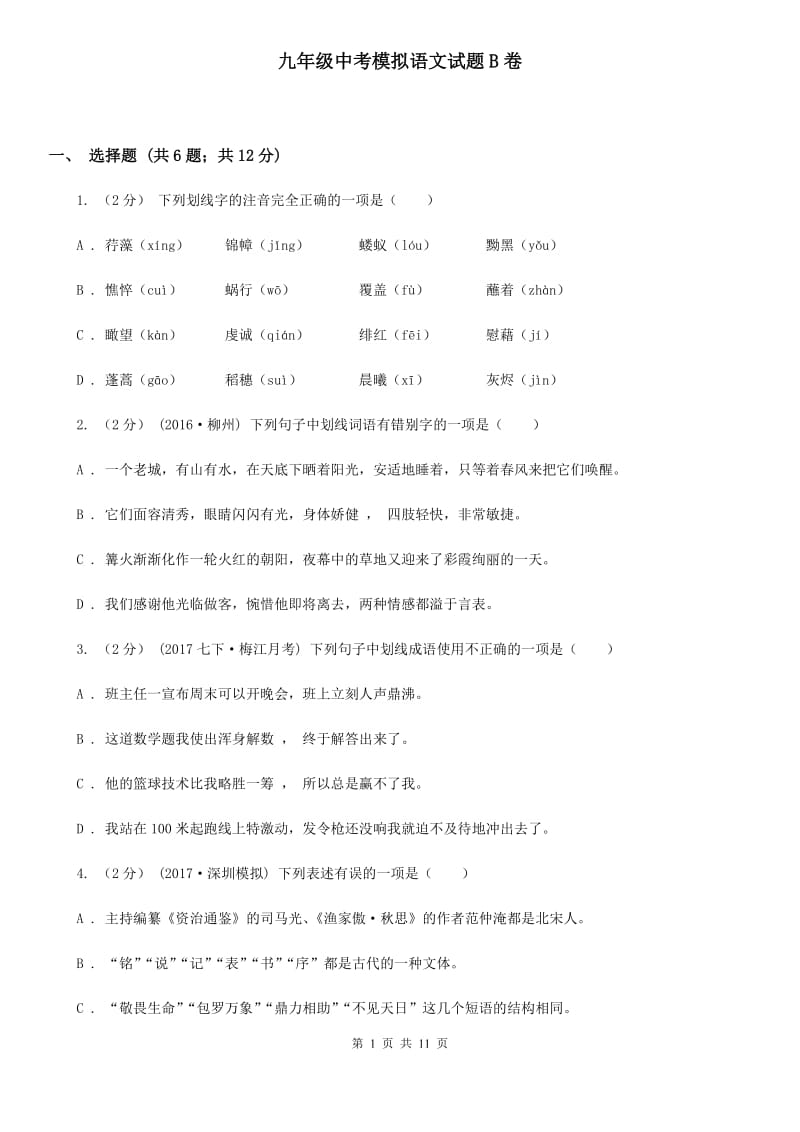 九年级中考模拟语文试题B卷_第1页