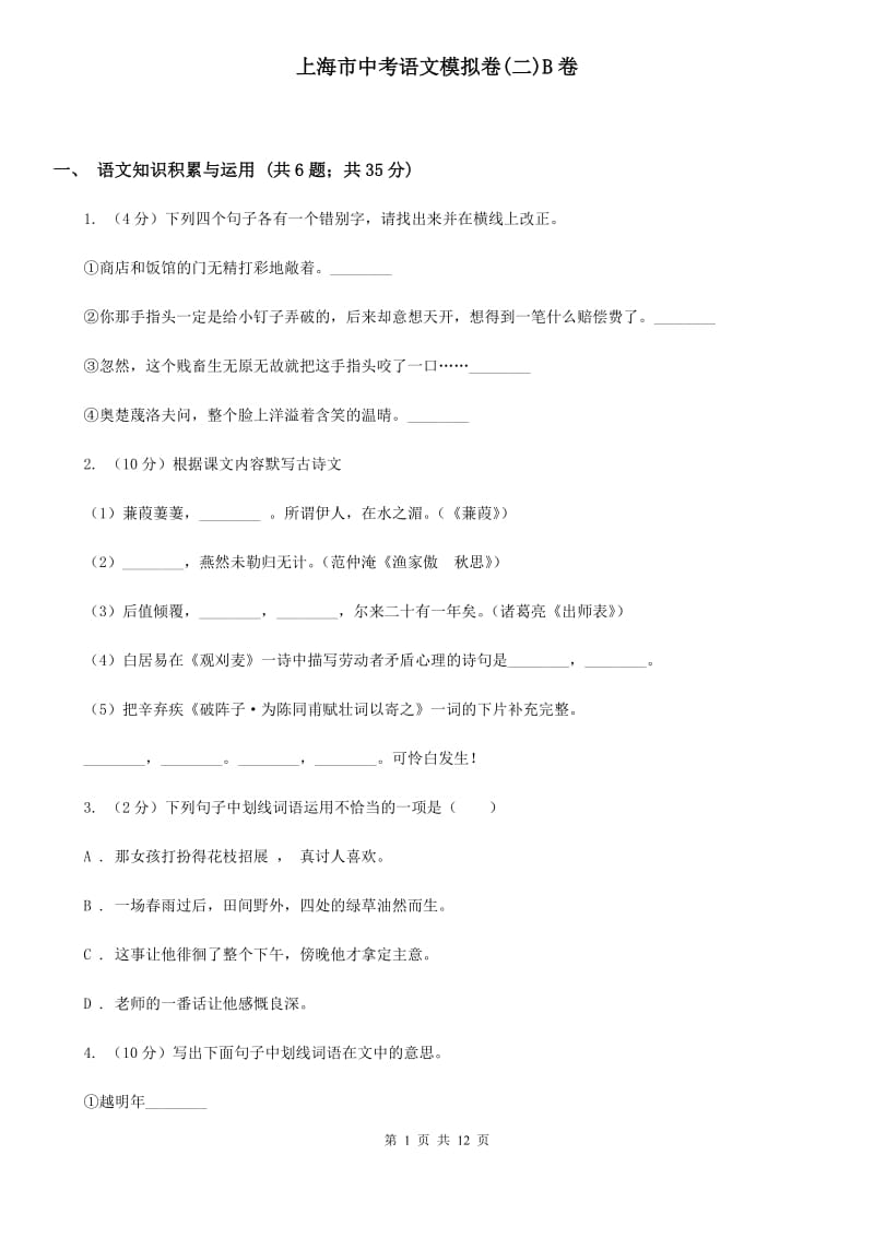 上海市中考语文模拟卷(二)B卷_第1页