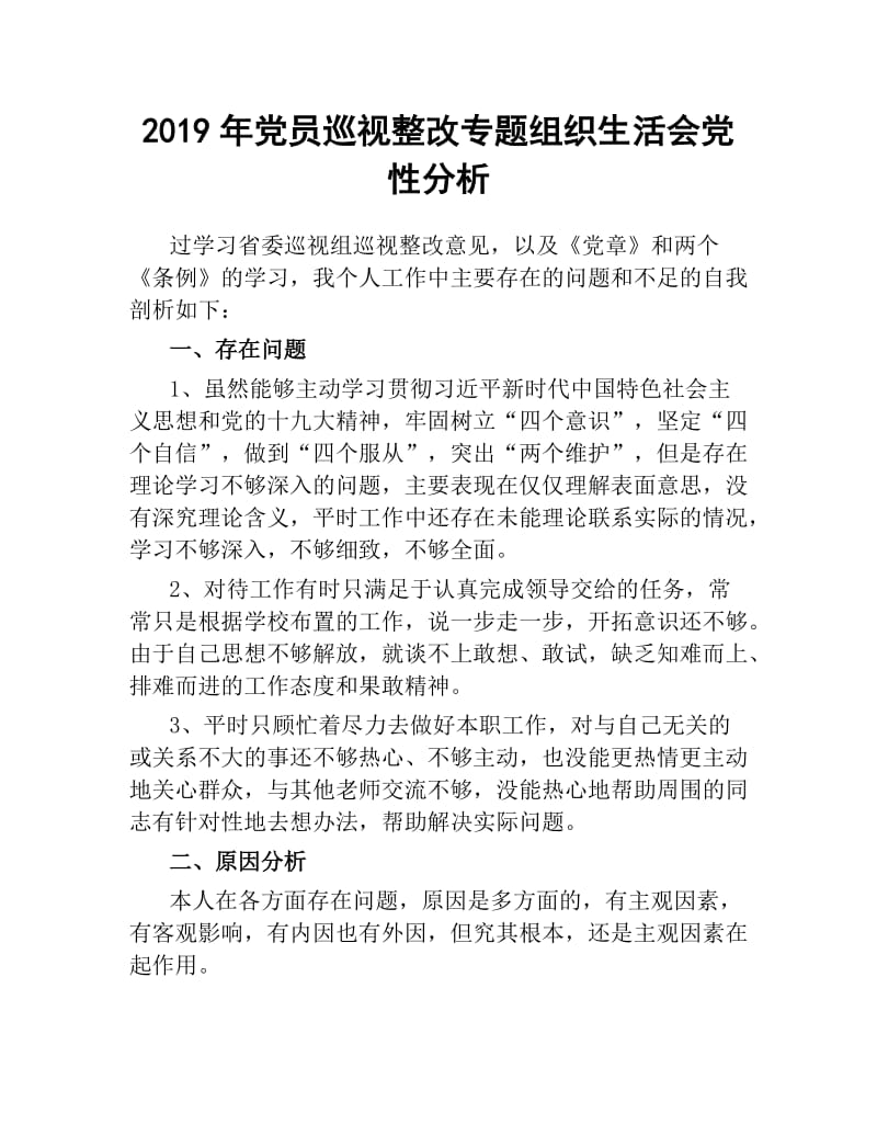 2019年党员巡视整改专题组织生活会党性分析.docx_第1页