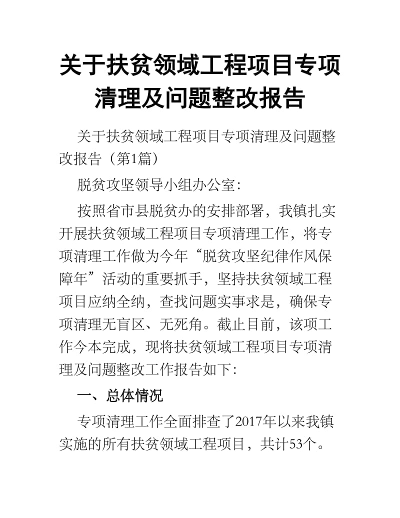 关于扶贫领域工程项目专项清理及问题整改报告.docx_第1页