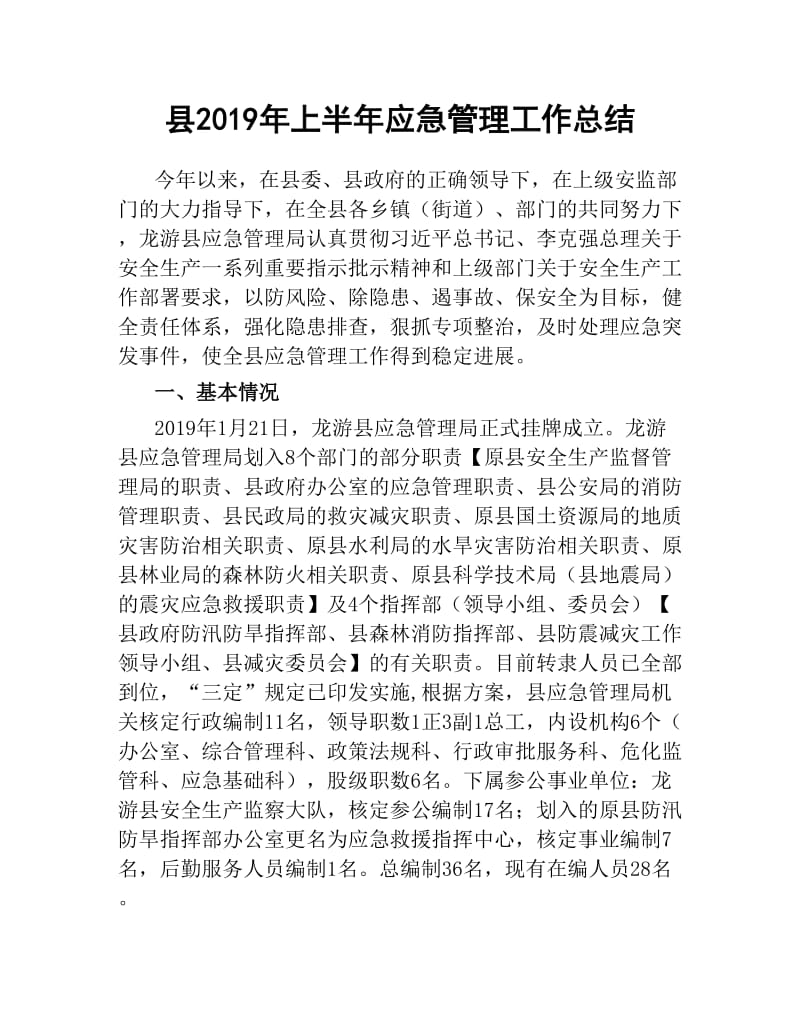 县2019年上半年应急管理工作总结.docx_第1页