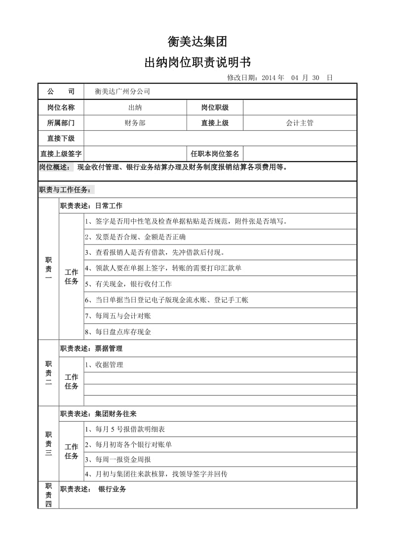 出纳岗位职责说明书模板.doc_第1页