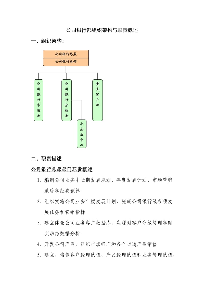 北京银行总行公司银行部组织架构与职责概述.doc_第1页
