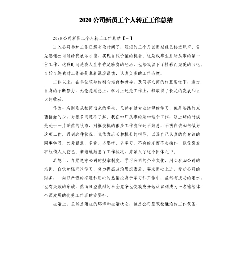 2020公司新员工个人转正工作总结.docx_第1页