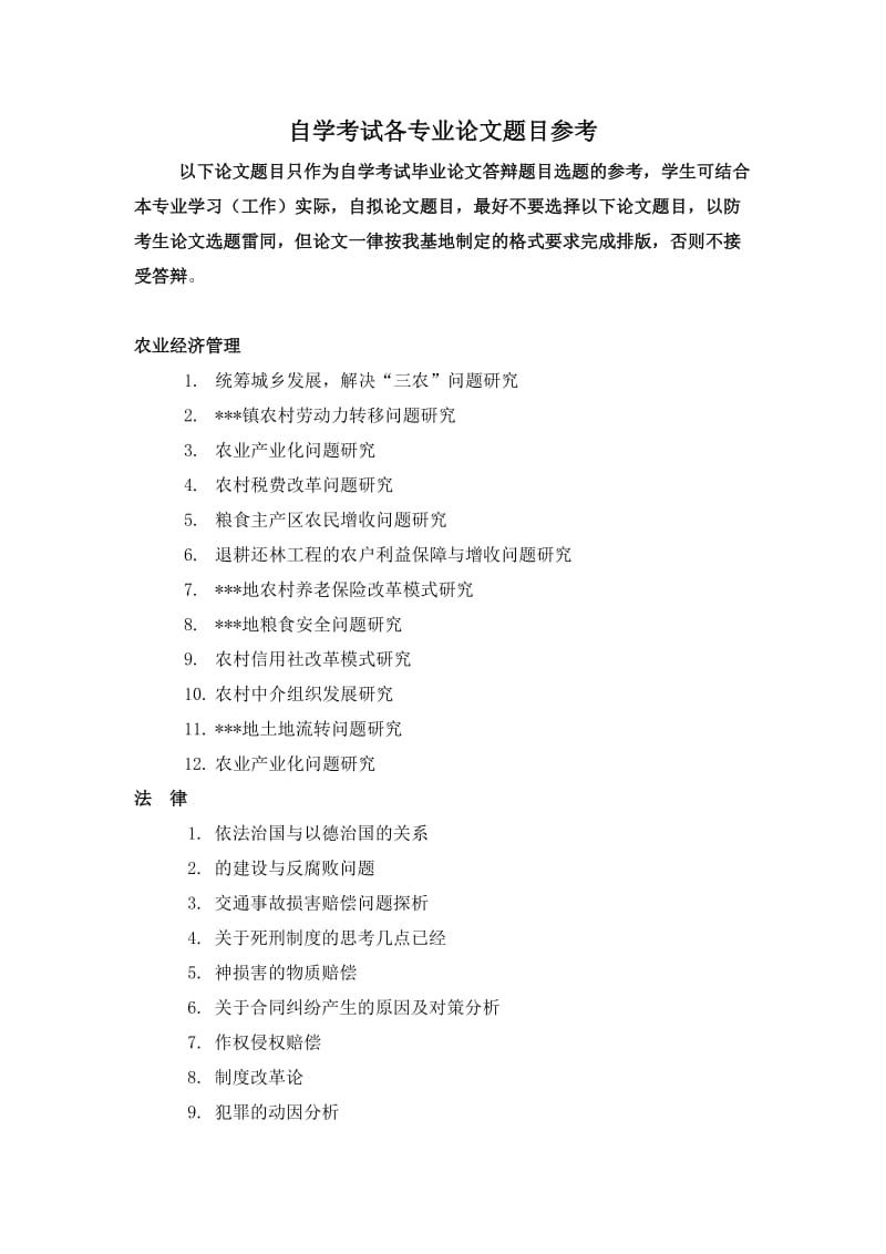 江西农业大学2012年自考本科各专业论文参考题目.doc_第1页