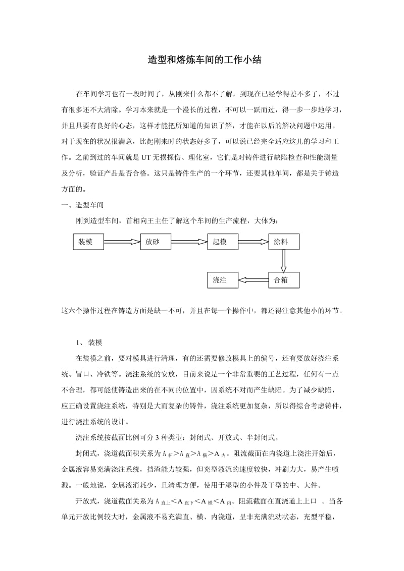 造型和熔炼车间的工作小结.doc_第1页