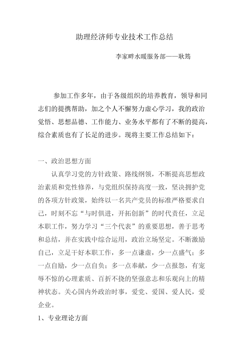 助理经济师专业技术工作总结.doc_第1页